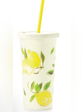 Lemon Print Reusable Tumbler with Yellow Straw 20oz
